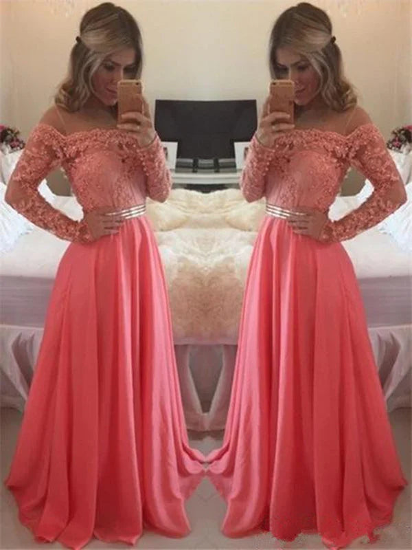 A Line Floor Length Long Sleeves Coral Lace Prom Dress, Coral Lace Bridesmaid/Formal Dresses