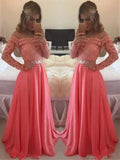 A Line Floor Length Long Sleeves Coral Lace Prom Dress, Coral Lace Bridesmaid/Formal Dresses