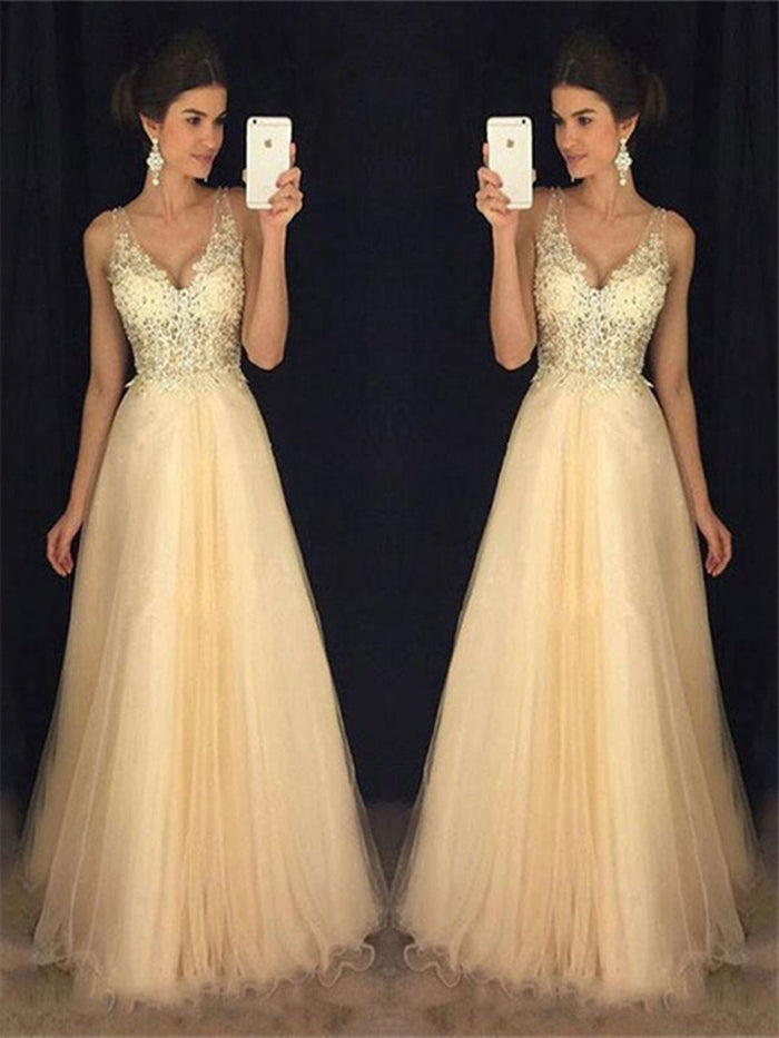 A-line V-neck Tulle Appliques Lace Floor-length Backless Prom Dresses, Backless Formal Dress