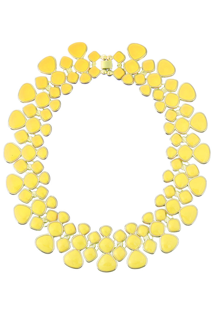 Yellow enamel segmented collar necklace with a polished gold alloy base, designed as a bold statement accessory.