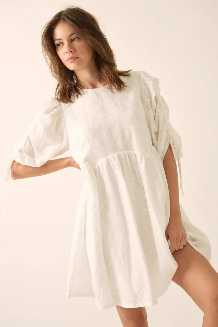 Angel Baby Bow-Embroidered Babydoll Mini Dress - ShopPromesa