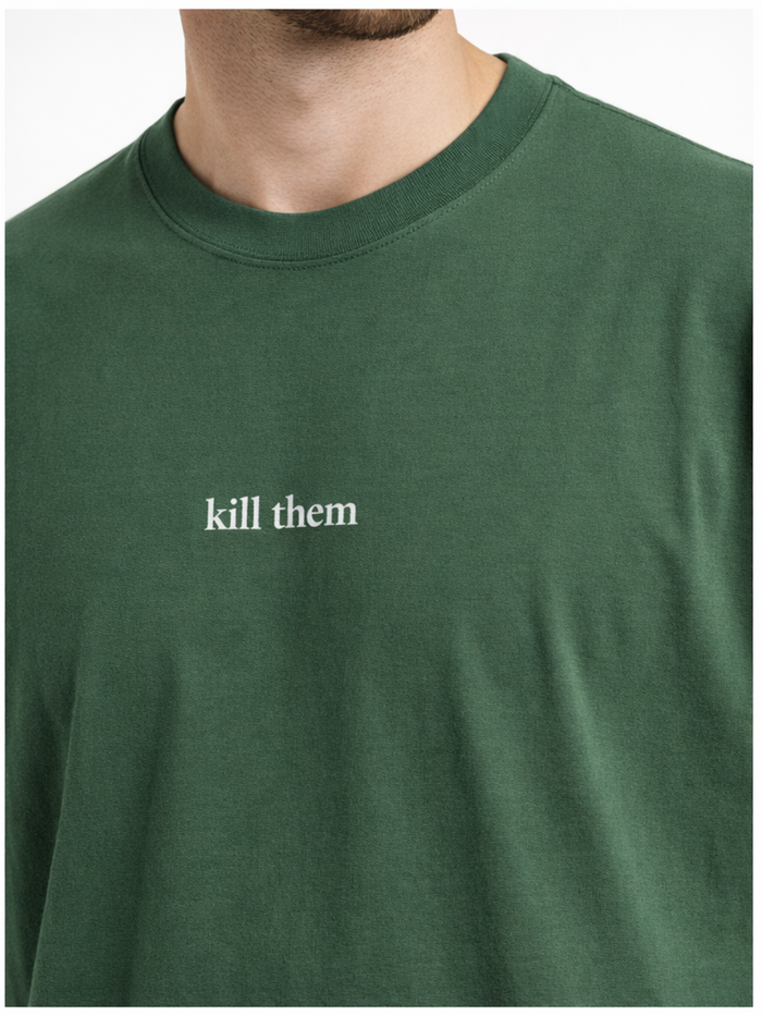 Green short-sleeve t-shirt featuring a white text graphic on the front.