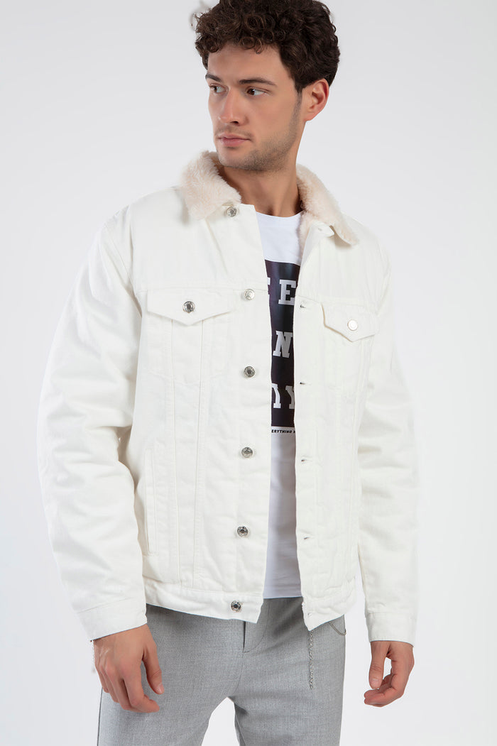 Men’s Ashton white denim jacket with a cream faux-fur collar and silver buttons for an urban streetwear look.