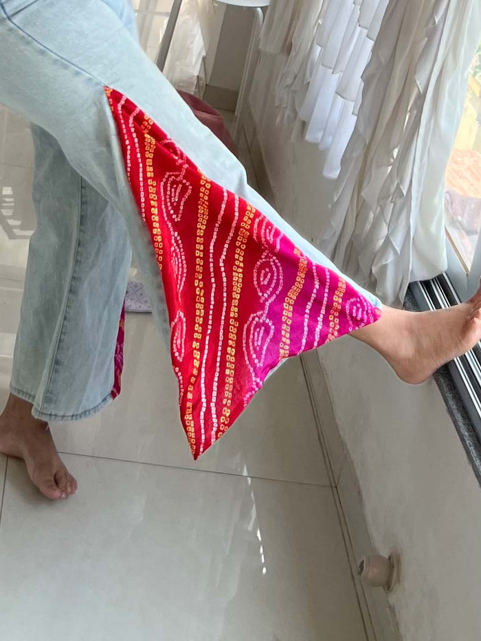 Bandhani side slit denim jeans indo western look for Navratri