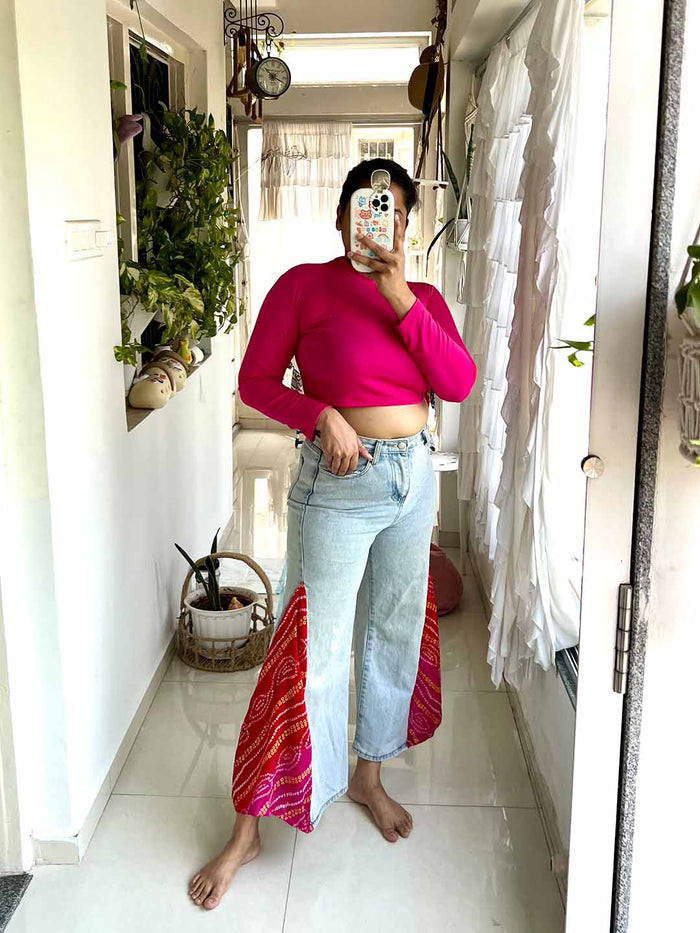 Bandhani side slit denim jeans indo western look for Navratri