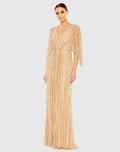 Beige Beaded Striping Kimono Sleeve V Neck Gown - Mac Duggal