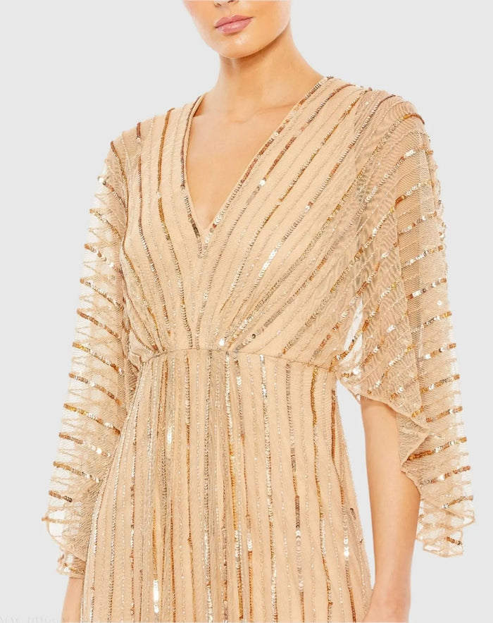 Beige Beaded Striping Kimono Sleeve V Neck Gown - Mac Duggal
