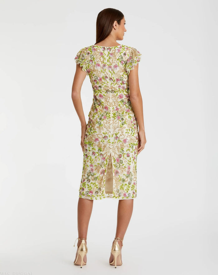 Beige Floral Embellished Flutter Cap Sleeve Dress - Mac Duggal