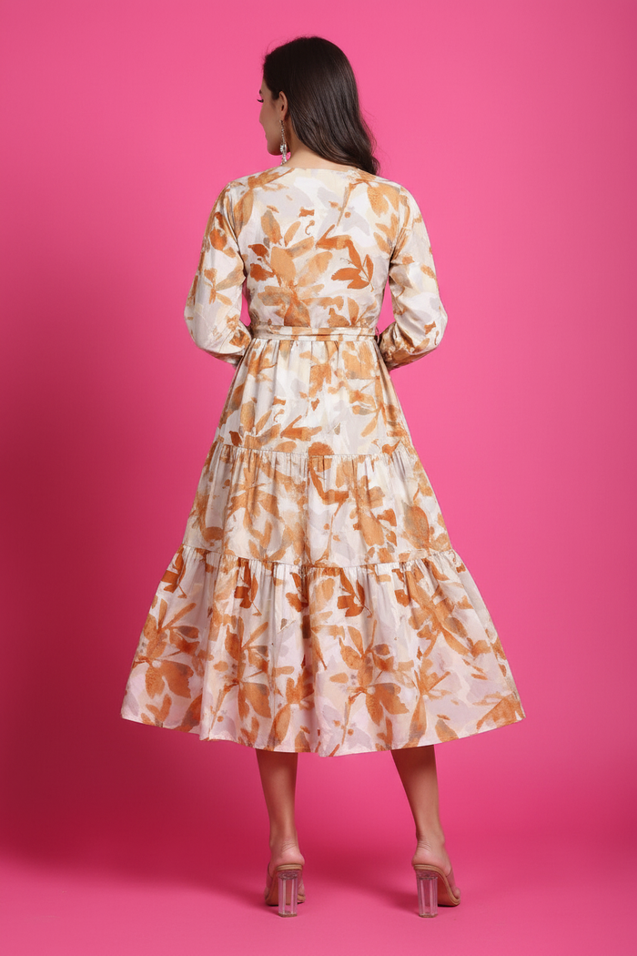 Back View - Beige Rust Leaf Print Dress