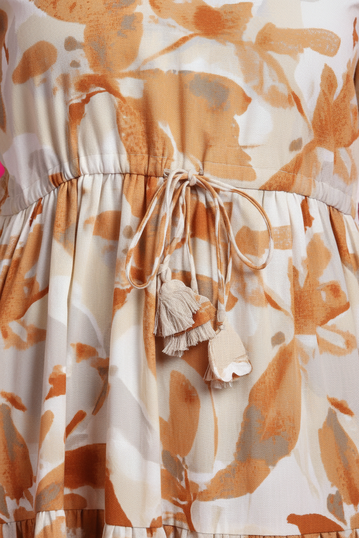Beige and rust leaf printed dress - waist tie detail