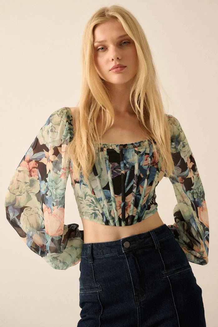 Belle Blossoms Floral Chiffon Cropped Corset Top - ShopPromesa