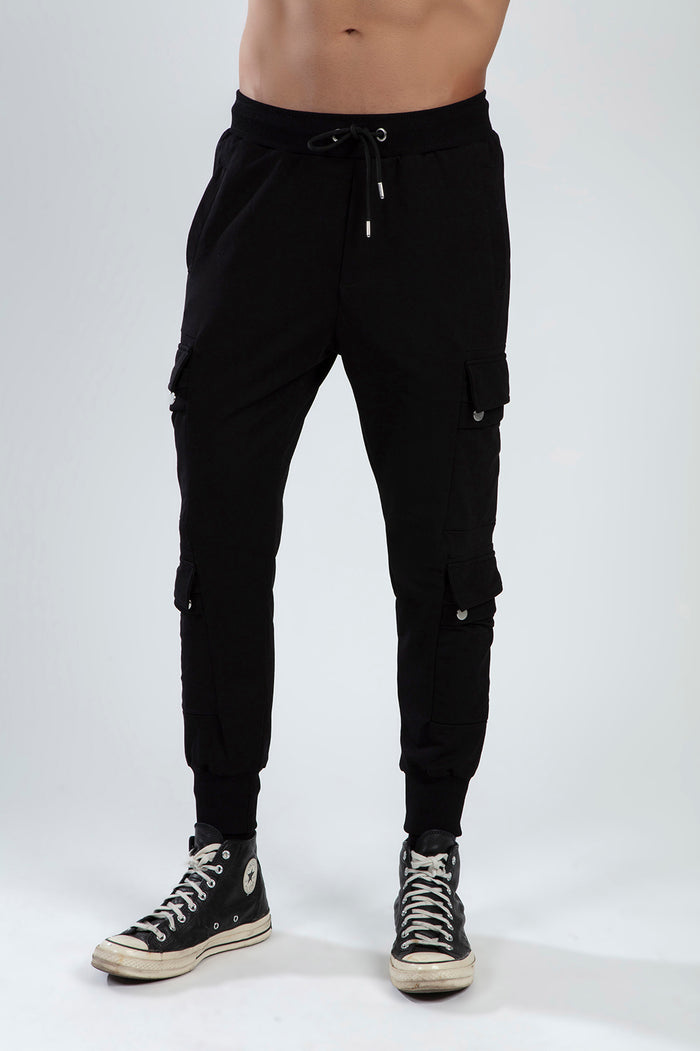 Benjamin black slim-fit cargo jogger pants with drawstring waist and utility pockets for men's streetwear style.