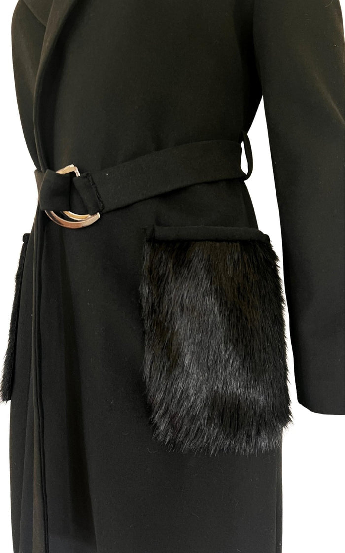 Cult Moda Black Classic Coat with Faux Fur Pockets - Runway Catalog