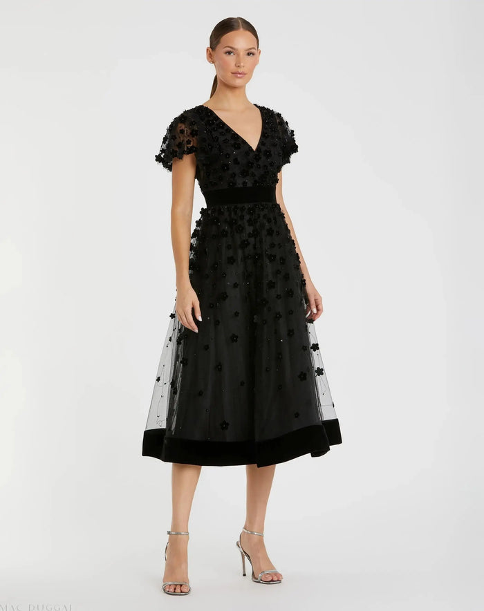 Black Embellished Butterfly Sleeve Velvet Hem Midi Dress - Mac Duggal