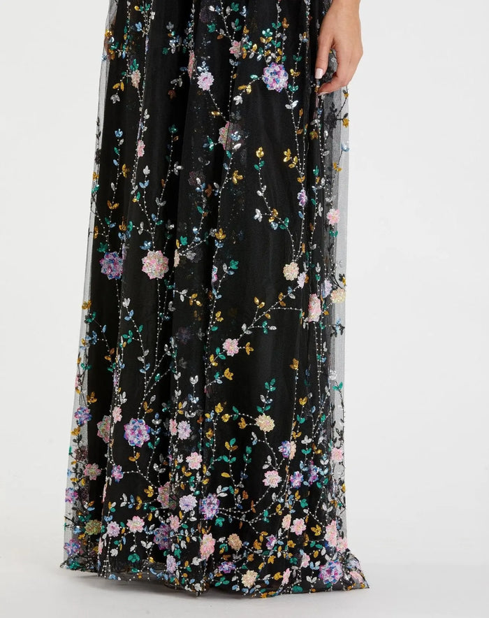 Black Embroidered Butterfly Sleeve Empire Waist Dress - Mac Duggal