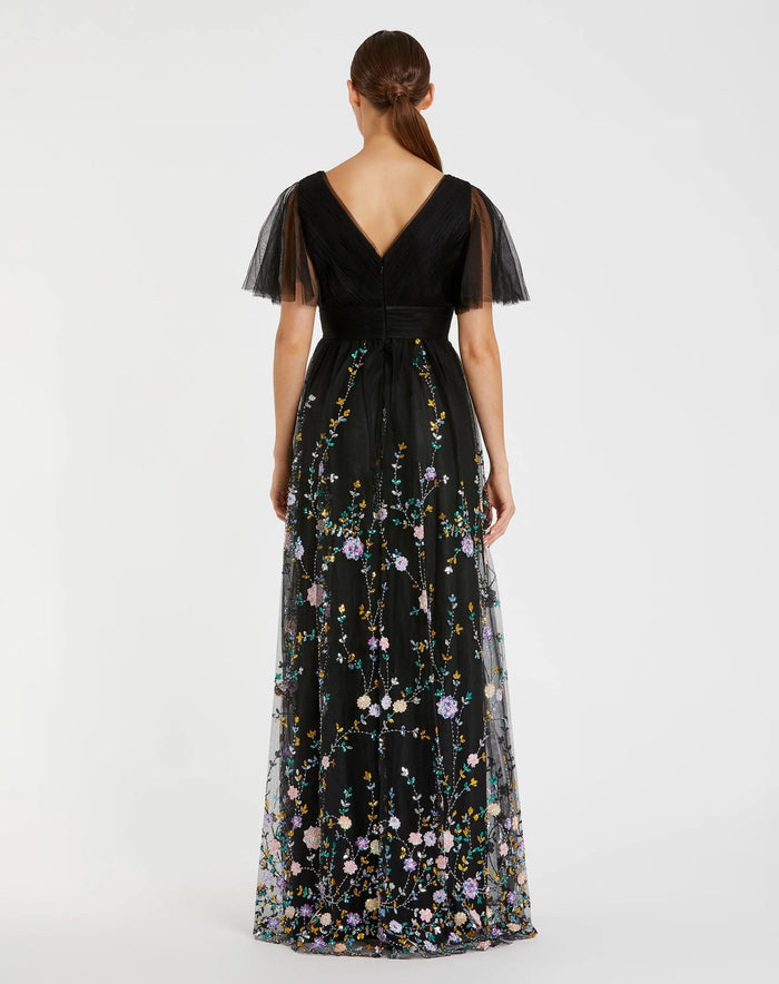 Black Embroidered Butterfly Sleeve Empire Waist Dress - Mac Duggal