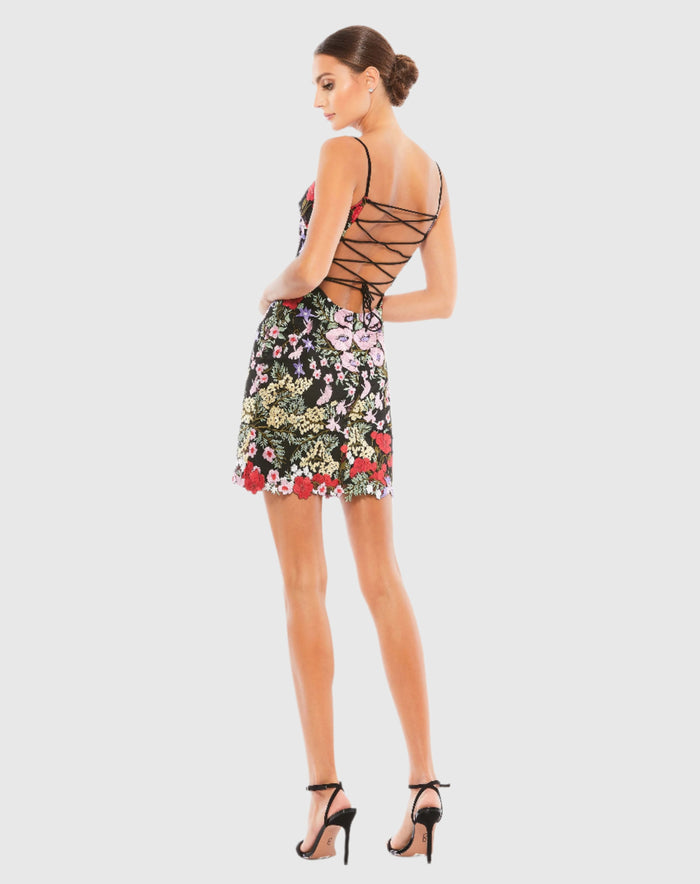 Black Floral Embroidered Lace-Up Mini Dress - Mac Duggal