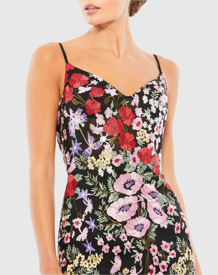 Black Floral Embroidered Lace-Up Mini Dress - Mac Duggal