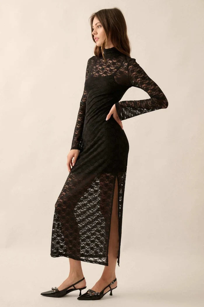 Black Honey Floral Lace Mock-Neck Midi Dress - ShopPromesa