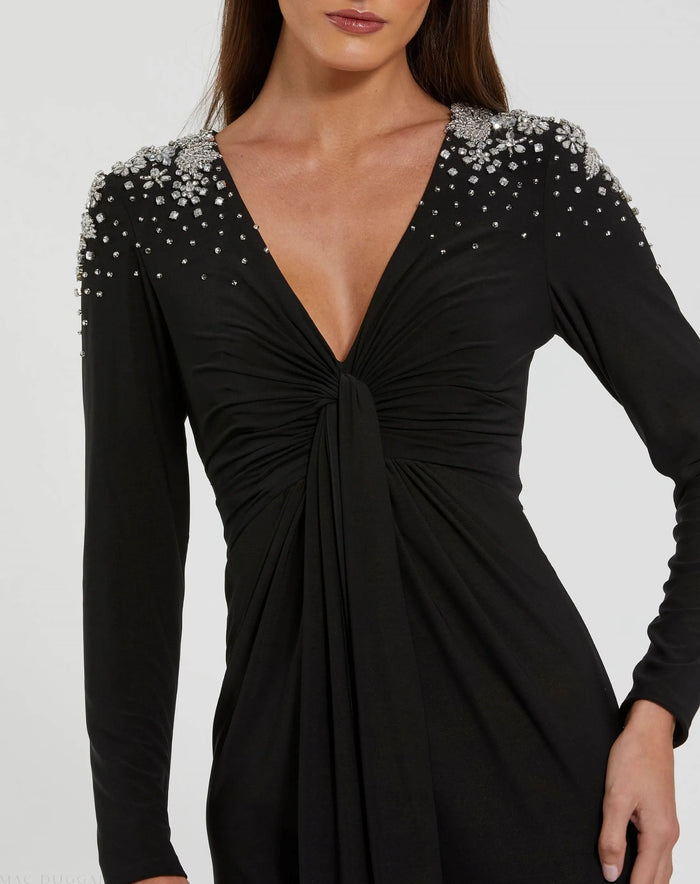 Jersey V Neck Faux Knot Gown With Beaded Shoulders - Mac Duggal