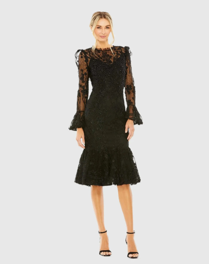 Black Ruffle Wrist Embellished High Neck Midi Dress