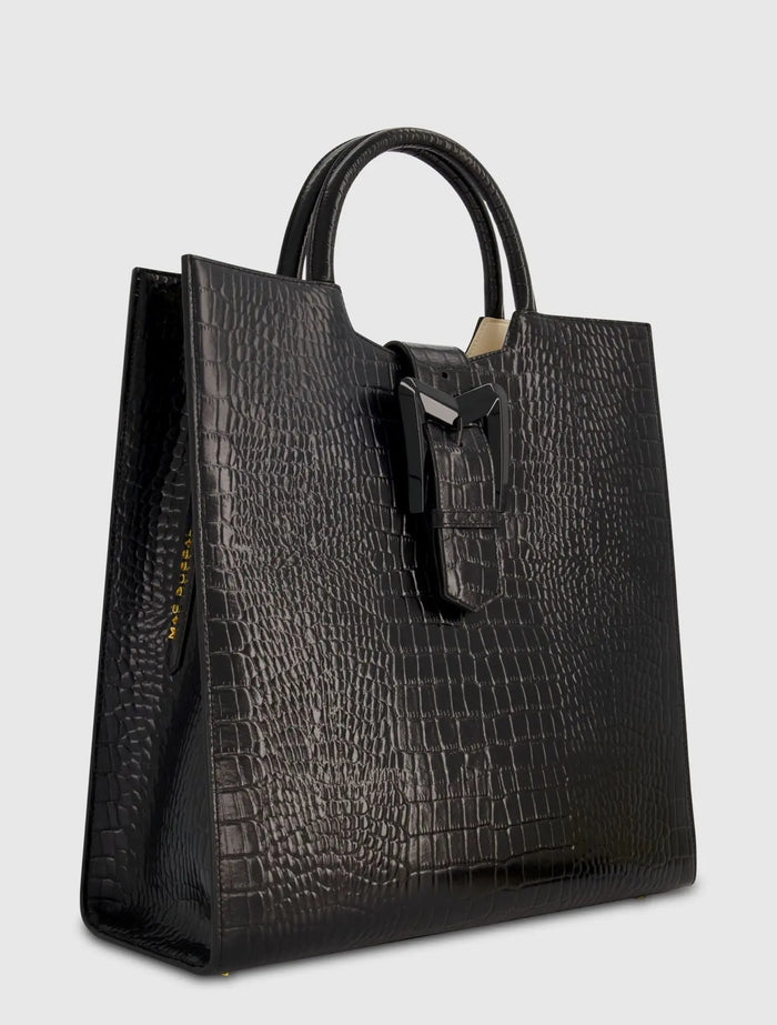 Black Maxi Croc Embossed Leather Tote Bag - Mac Duggal