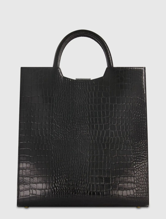 Black Maxi Croc Embossed Leather Tote Bag - Mac Duggal