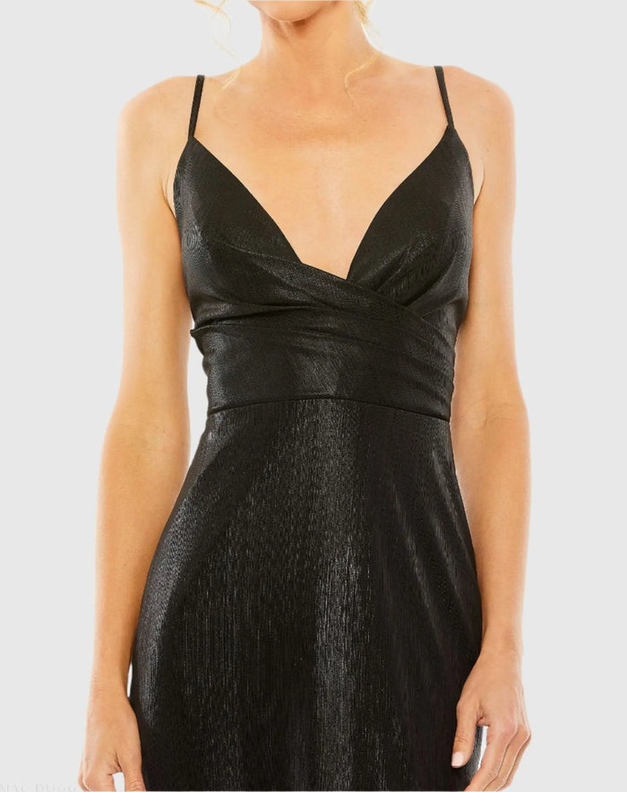Black Metallic Faux Wrap Spaghetti Strap Gown - Ieena for Mac Duggal