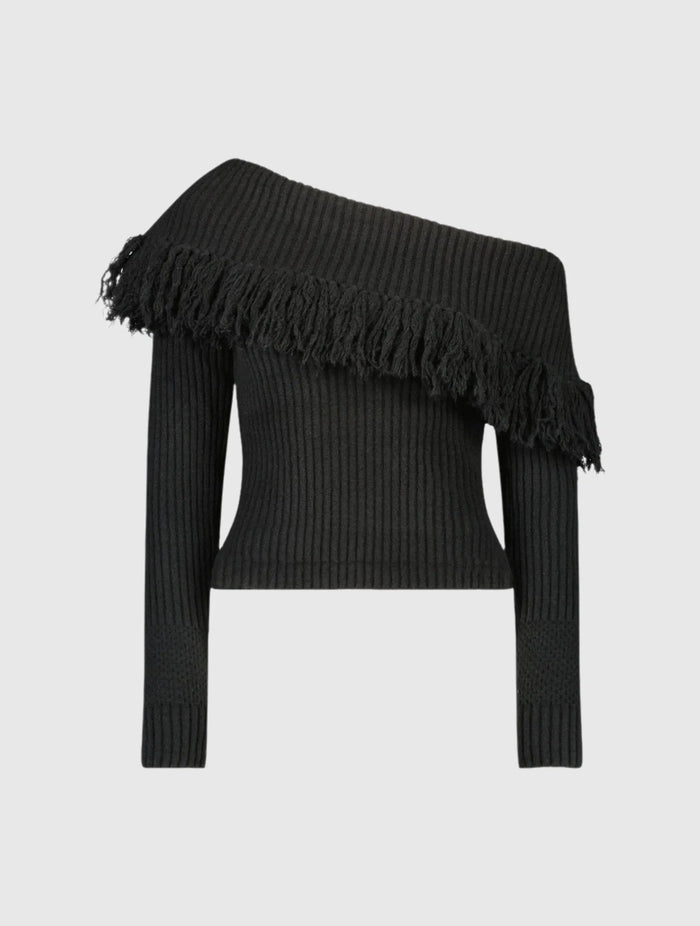 Off The Shoulder Fringe Knit Sweater - FINAL SALE - Mac Duggal