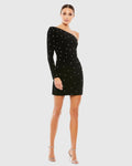 Black Rhinestone Encrusted One Shoulder Long Sleeve Mini Dress - Ieena for Mac Duggal