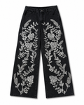 Black Sequin Floral Embellished Wide Leg Jeans