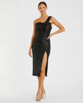 Black Sequined One Shoulder Front Bow Dress - Ieena for Mac Duggal