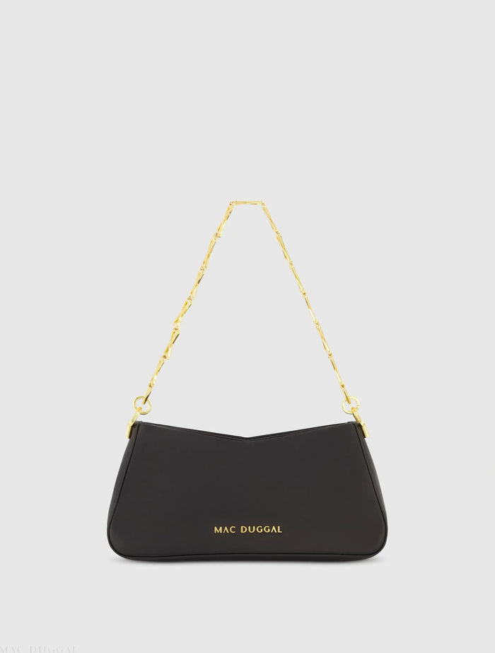 Black Small Leather Shoulder Bag with Gold Chain - Mac Duggal