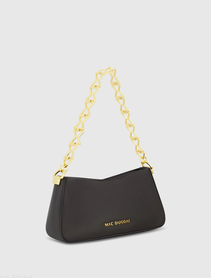 Black Small Leather Shoulder Bag with Gold Chain - Mac Duggal