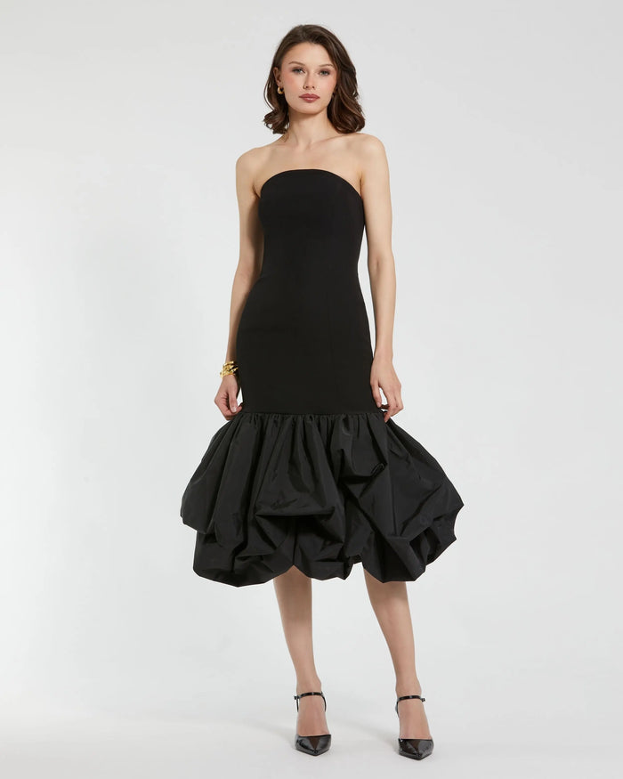 Black Crepe Strapless Midi Dress With Bubble Hem - Ieena for Mac Duggal
