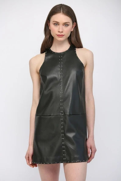 Black sleeveless faux leather shift dress with stud detailing along the seams.