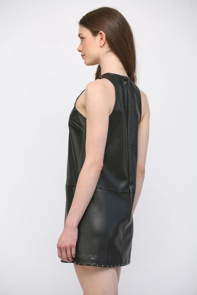 Black Stud Detail Faux Leather Shift Dress - Born To Glam