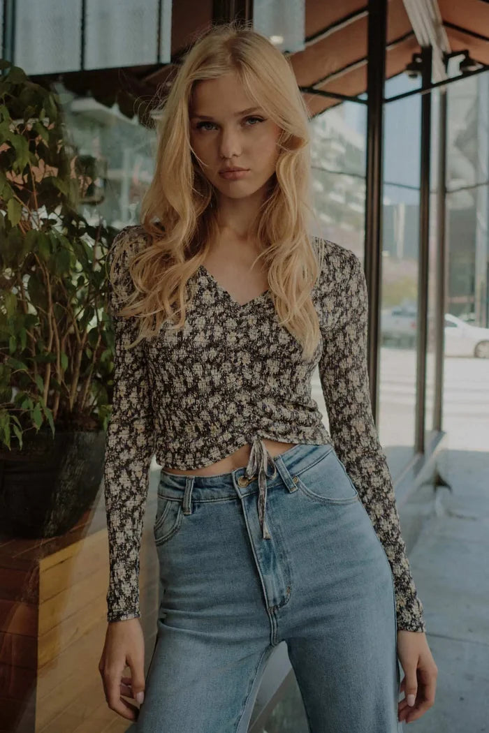 Bloom Boom Smocked Floral Mesh Drawstring Top - ShopPromesa