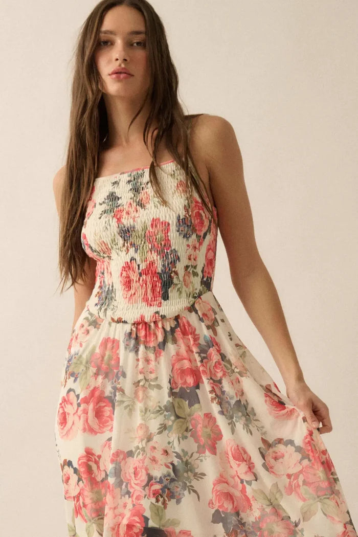 Blooming Valley Floral Mesh Smocked Maxi Dress - ShopPromesa