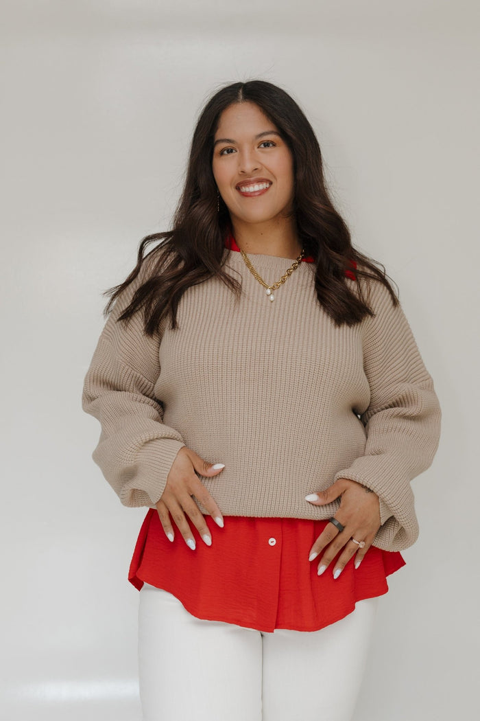 BLOUSON SLEEVE KNIT SWEATER IN FAWN - Love Marlow