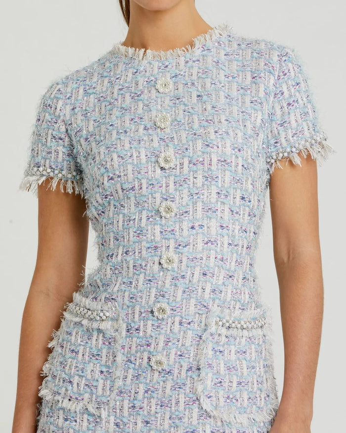 Blue Cap Sleeve Floral Button Detail Shift Dress - Mac Duggal