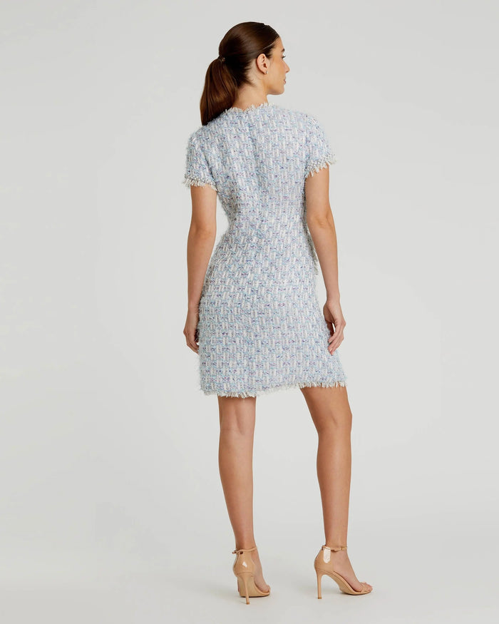 Blue Cap Sleeve Floral Button Detail Shift Dress - Mac Duggal