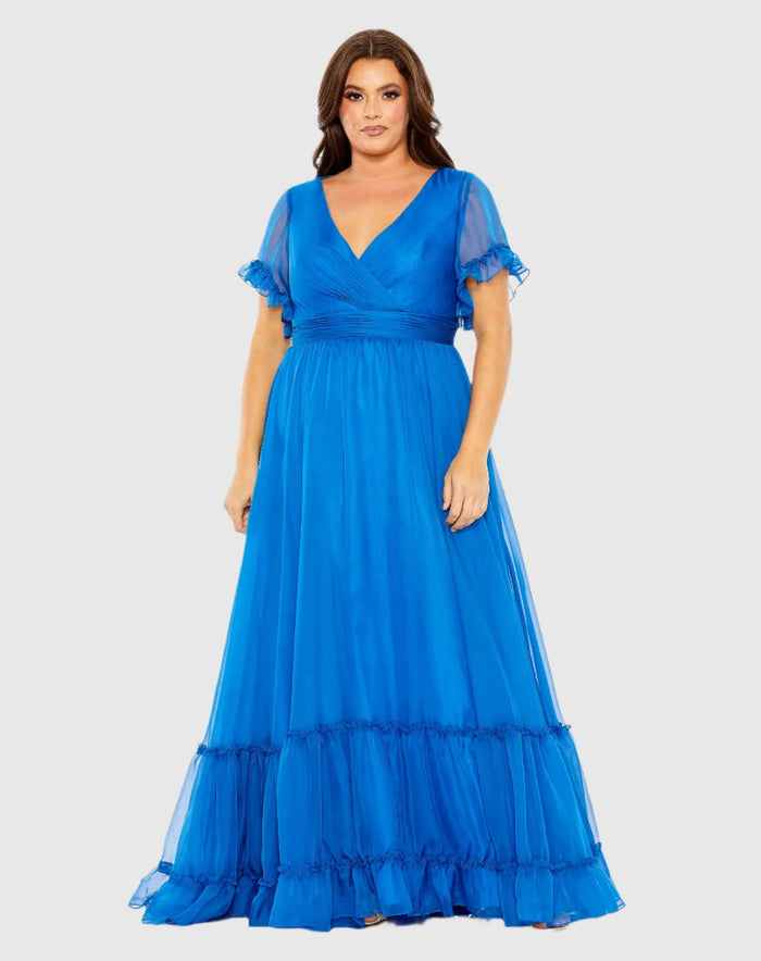 Blue Chiffon Faux Wrap Flutter Sleeve Tiered Gown