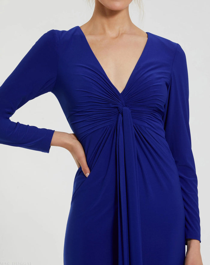Blue Long Sleeve Jersey V Neck Twist Knot Gown - Ieena for Mac Duggal