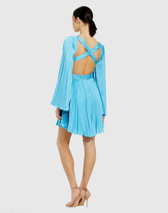 Blue Pleated V-Neck Cutout Long Sleeve Mini Dress - Mac Duggal
