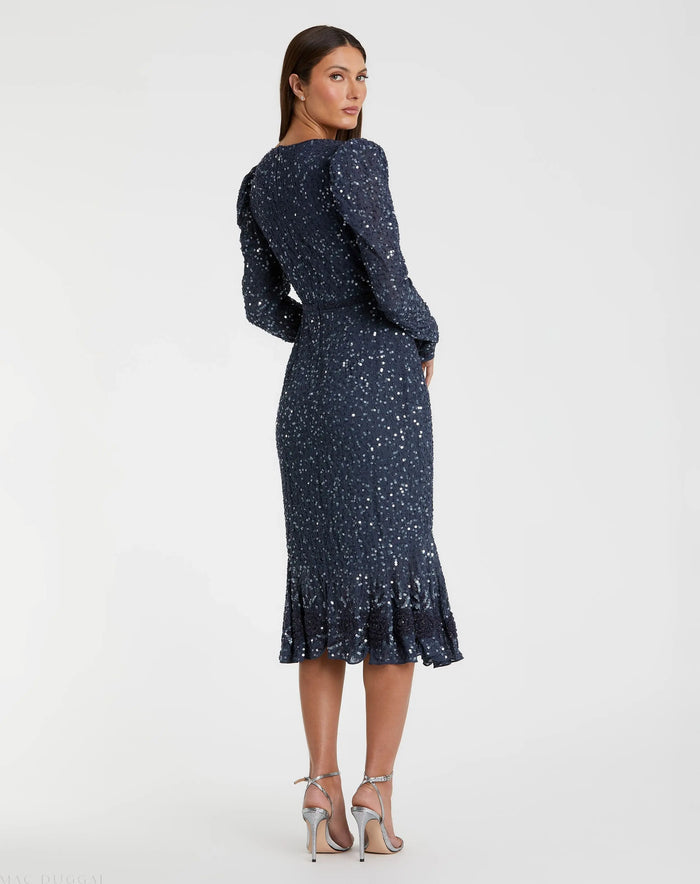 Blue Sequin Dress with Embellished Hemline and Belt - Mac Duggal