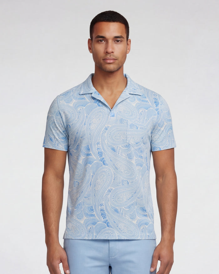 BOBBY MARAKESH PAISLEY TEAL MENS WOOL JOHNNY COLLAR POLO