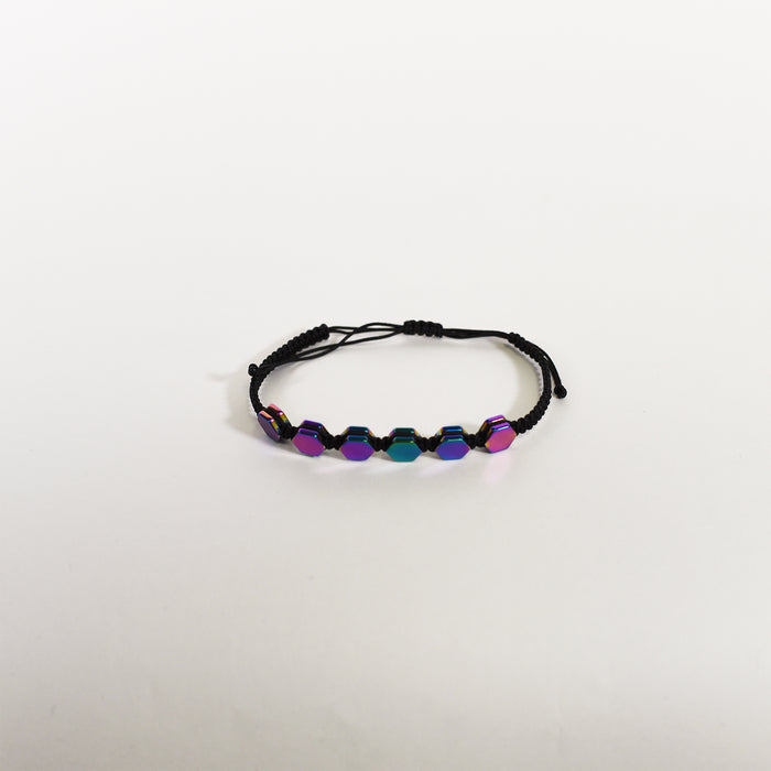 Unisex black braided rope bracelet featuring six iridescent, multi-color hexagonal beads on a clean white background.
