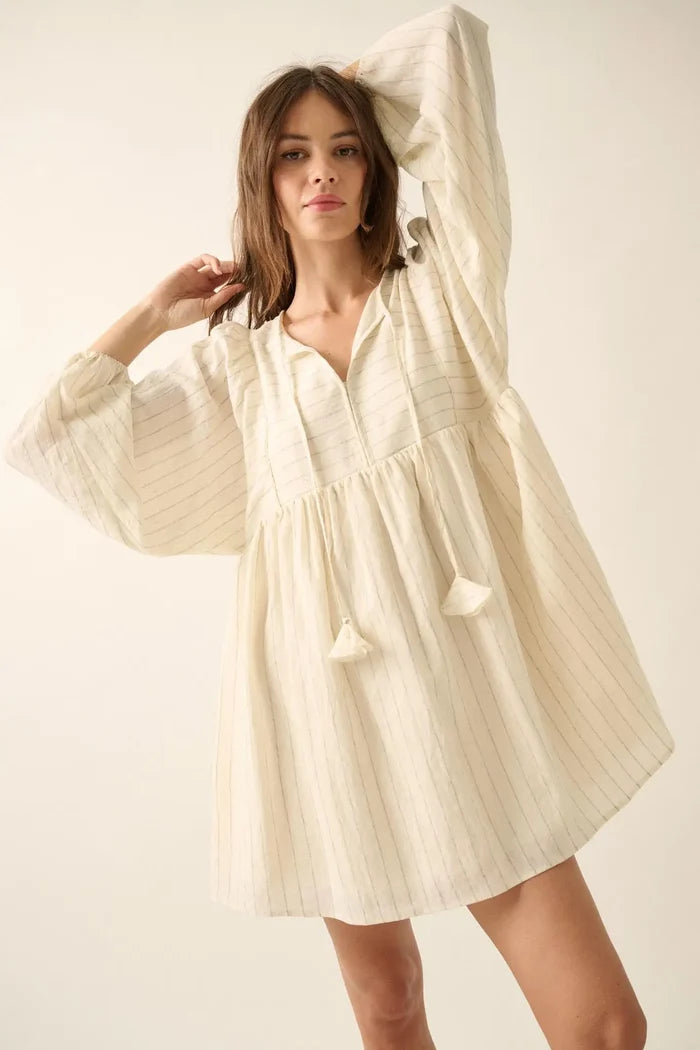 Breezy Belle Pinstripe Babydoll Peasant Mini Dress - ShopPromesa
