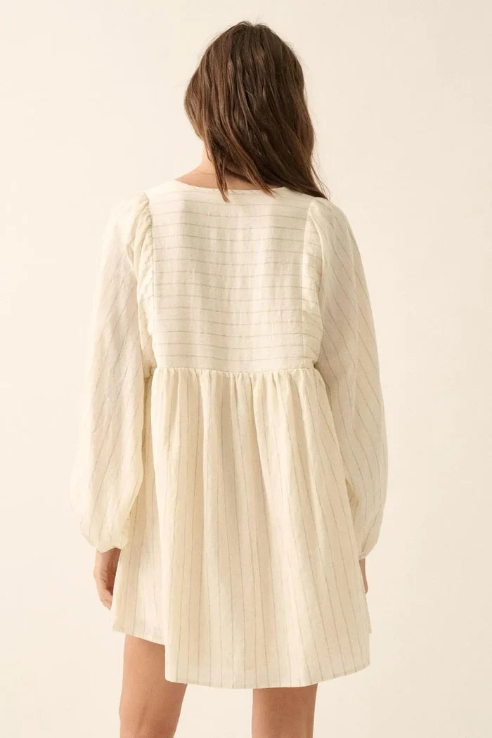 Breezy Belle Pinstripe Babydoll Peasant Mini Dress - ShopPromesa